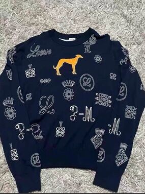 Loewe Navy Crewneck Sweater with Yellow Greyhound and White Embroidered Logos